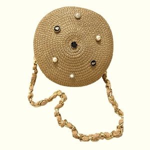 Straw Round Shoulder Bag with Gold Chain and Pins